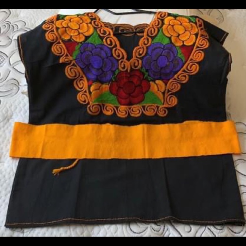 Mexican embroidery shirt and belt 20” wide by 24” long